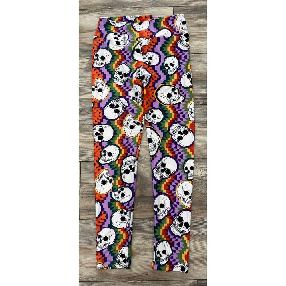 LuLaRoe Womens Rainbow Skull Leggings One Size OS Halloween Multicolored Skulls